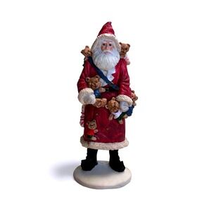 Vintage Santa Claus Figurine with Teddy Bears and Stocking Merry Christmas Decor